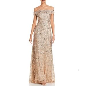 Adrianna Papell Sequin Off the Shoulder Champagne Formal Maxi Dress Size 10